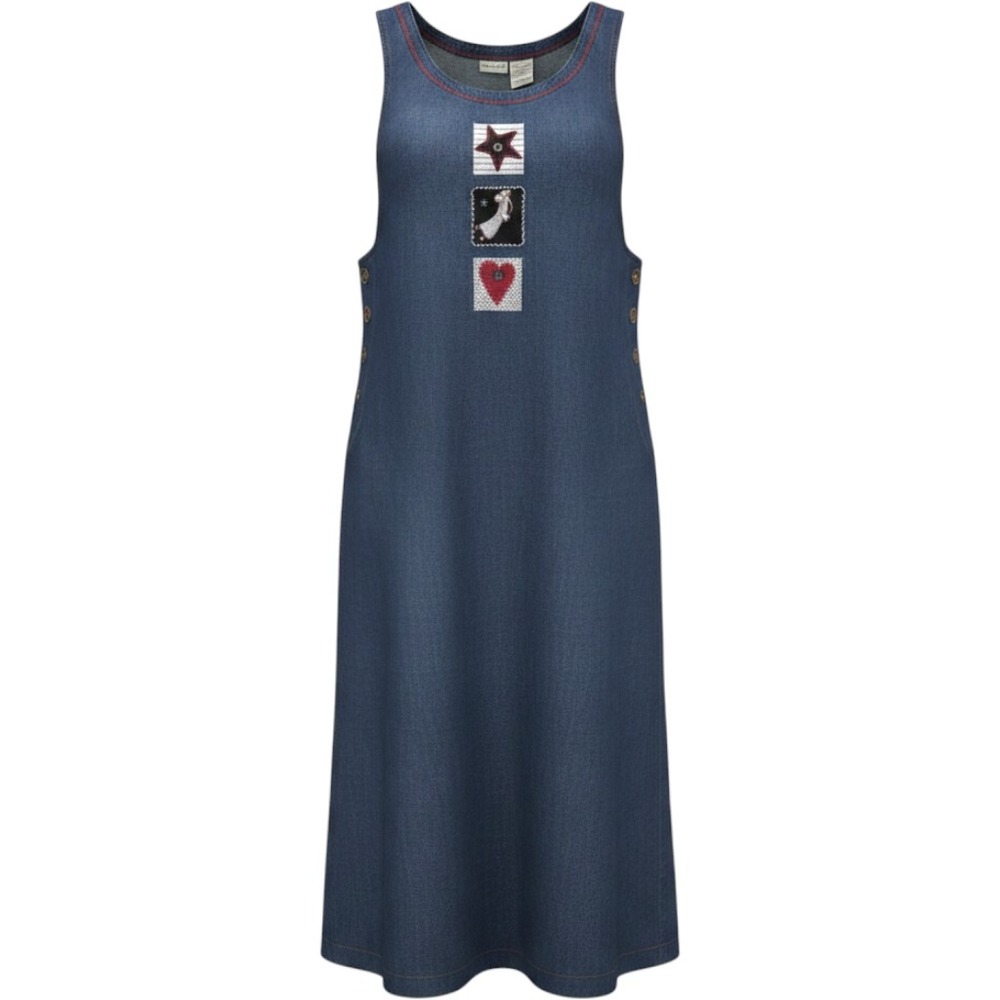 White Stag Vintage Denim Jumper Dress XL Dark Wash Embroidered Angel Star Heart